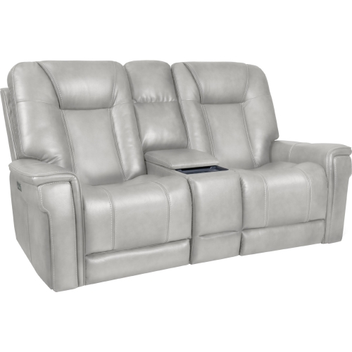 Sanibel Power Recline Console Loveseat w/ Lay Flat, Head Rest, Lumbar in Dove Gray Top Grain Leather